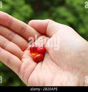 Different Types of Supplement Pills in Man's Palm with Blurry Foliage in Background Stock Photo