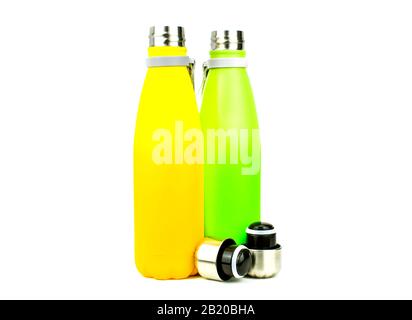 Green Plastic Thermos Flask With Cup On White Background Stock