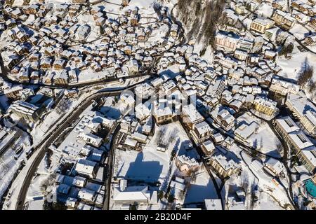 Aerial view of the Leukerbad ski resort and traditional village in Canton Valais in the alps mountain, Switzerland Stock Photo