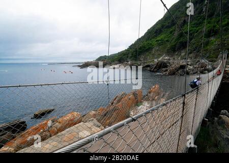 Walkers crossing one of the suspension bridges at Storms River Mouth, Tsitsikamma National Park, Garden Route, near Port Elizabeth,South Africa Stock Photo