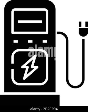 Electric car charging station black icon, concept illustration, vector flat symbol, glyph sign. Stock Vector
