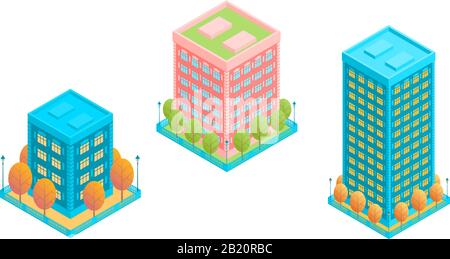 Set of three buildings in isometric style. Residential high houses with a fence and trees. Vector isolated illustration in isometric style. Stock Vector