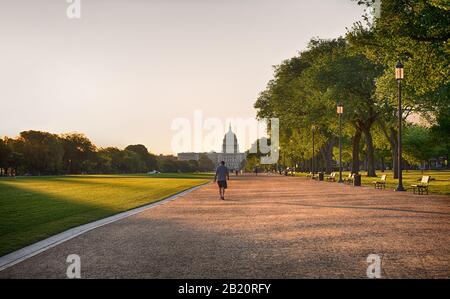 A man dressed in T shirt, shorts and cap taking a brisk walk, away from the camera, through the National Mall, Washington DC