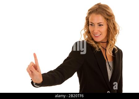 Young busienss woman pressing virtual button isolated over white Stock Photo