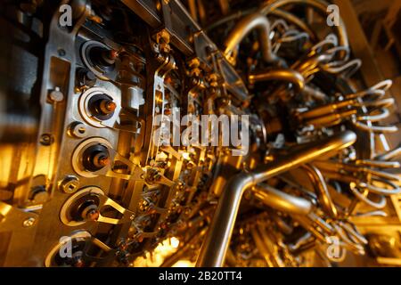 Gas turbine engine of feed gas compressor located inside pressurized enclosure, The gas turbine engine used in offshore oil and gas central processing Stock Photo