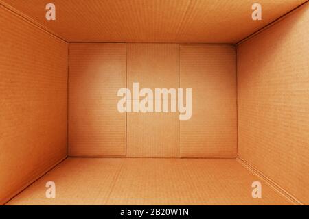 Empty cardboard box, inside view. Empty space for cargo, parcel and gift. Open cardboard box isolated on white background. Top view. Stock Photo