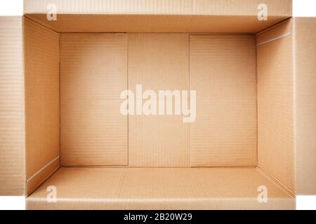 Empty cardboard box, inside view. Empty space for cargo, parcel and gift. Open cardboard box isolated on white background. Top view. Stock Photo