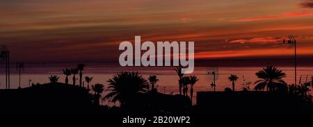 Horizontal image of nature background, fantastic sunrise over Mediterranean Sea calm smooth waters, silhouettes of exotic palm trees. Spain Stock Photo