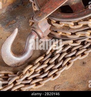 A steel chain hoist in a mechanic's workshop at the Britannia Ship Yard in Steveston British Columbia Stock Photo