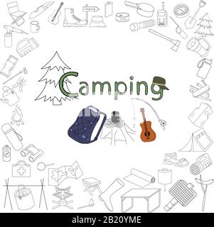 camping icons set, on white, picnic, travel and camping theme. Stock Vector