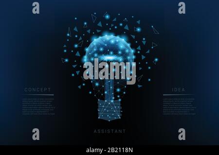 Light bulb of triangles and luminous points. Background of beautiful dark blue night sky. Concept idea. Vector Polygonal illustration. Low poly. Stock Vector