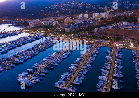 Aerial view, luxury marina Puerto Portals, Portals Nous, Palma de Majorca region, Majorca, Balearic Islands, Spain Stock Photo