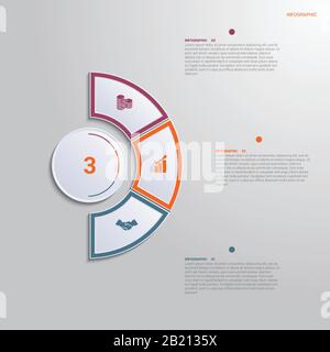 Template for infographics with 3 text area positions. diagram with multi-colored elements of a semicircle around a circle. Stock Vector