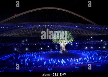 Athens, Greece 17SEP04: Colorful lights illuminate Olympic Stadium during the artistic portion of the opening ceremonies of the Athens Paralympics. ©Bob Daemmrich Stock Photo