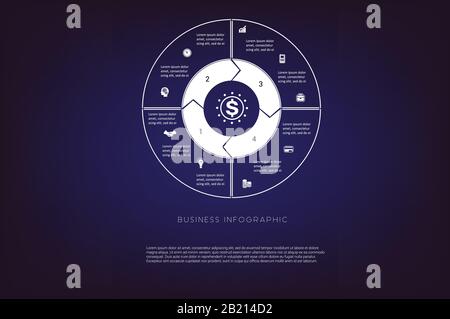 Area chart,ring chart, pie chart. Concept  illustration or background. Business infographic. Vector monochrome template 4 positions for text area, pos Stock Vector