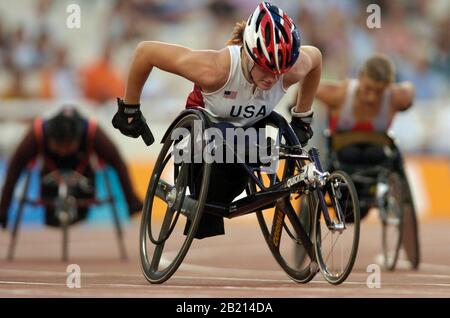 Athens, Greece: Paralympic Games. USA's Tatyana McFadden (2050) heads to the finish line in the women's T54 400-meters preliminary round at the Athens Paralympics. She qualified for the final with a 56.70 clocking. September 23, 2004 ©Bob Daemmrich Stock Photo