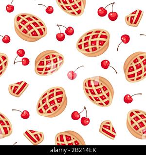 Vector seamless pattern with cherry pies and cherries on white. Stock Vector