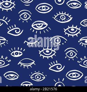 Seamless pattern of hand drawn eyes. Doodle vector illustration with various eyes. Grunge Turkish evil eyes. Stock Vector