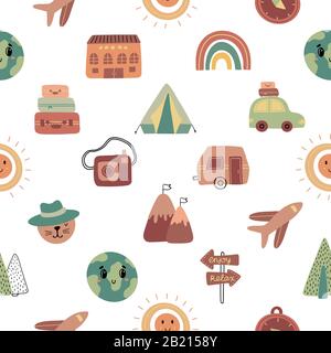 Seamless pattern with hand drawn travel icons. Vector illustration perfect for wrapping, wallpaper, texture, web background. Stock Vector