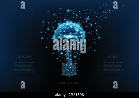 Light bulb of triangles and luminous points. Background of beautiful dark blue night sky. Concept idea. Vector Polygonal illustration. Low poly. Stock Vector