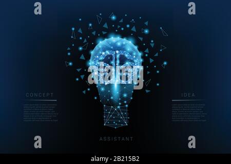 Light bulb of triangles and luminous brain and points. Background of beautiful dark blue night sky. Concept idea. Vector Polygonal illustration. Low p Stock Vector