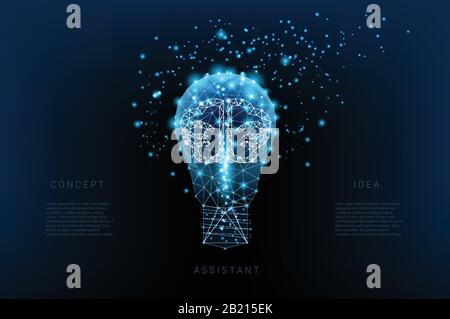 Light bulb of triangles and luminous brain and points. Background of beautiful dark blue night sky. Concept idea. Vector Polygonal illustration. Low p Stock Vector