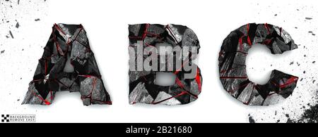 Coal letters A, B, C, on white background, 3d rendering, isolated. Ember alphabet isolated, path save, font. Stock Photo