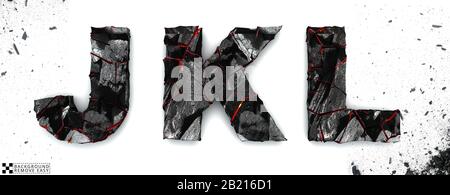 Coal letters J, K, L, on white background, 3d rendering, isolated. Ember alphabet isolated, path save, font. Stock Photo