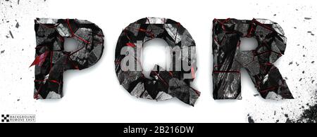 Coal letters P, Q , R, on white background, 3d rendering, isolated. Ember alphabet isolated, path save, font. Stock Photo