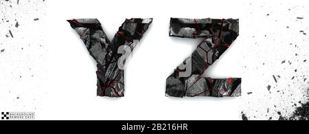 Coal letters Y, Z, on white background, 3d rendering, isolated. Ember alphabet isolated, path save, font. Stock Photo