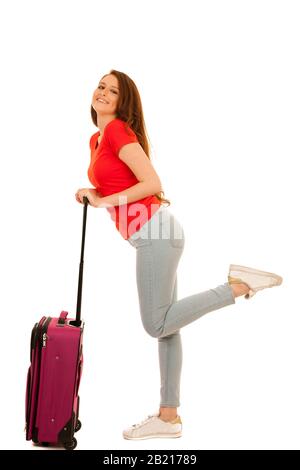 attractive busienss woman with suitcase - business travel studio conceptual photography Stock Photo