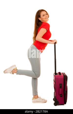 attractive busienss woman with suitcase - business travel studio conceptual photography Stock Photo