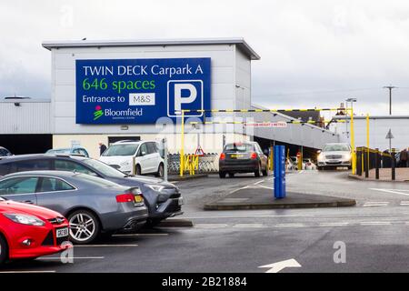 28 February 2020 The large blue sign at Bloomfield Shopping Centre Bangor at Carpark and marking the entrance to the local Marks and Spencer store. Stock Photo