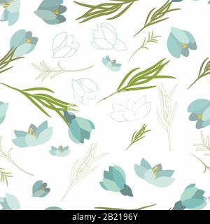 Seamless vector floral pattern with crocus flowers in the flat and a sketch style. Outline style vector illustration. Stock Vector