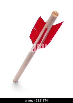 Arrow with Red Feathers Stuck Isolated on White. Stock Photo
