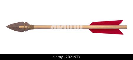 Arrow with Stone Point  and Red Feathers Isolated on White. Stock Photo