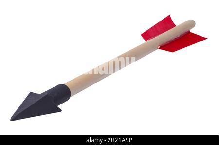 Flying Arrow with Metal Point and Red Feathers Isolated on White. Stock Photo