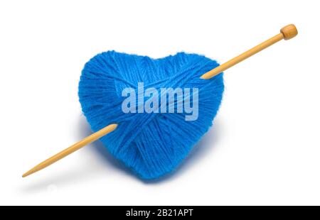 Wool Yarn Heart with Knitting Needle Isolated on White. Stock Photo