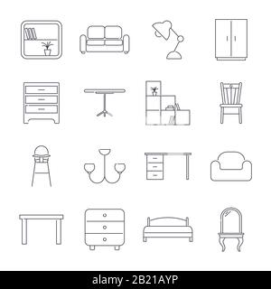 Collection of home furniture icons in thin line style. Editable Stroke. Stock Vector