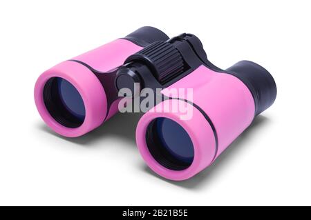 Pair of Pink Binoculars Isolated on White Background. Stock Photo