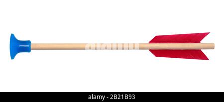 Blue Suction Cup Arrow with Red Feathers Isolated on White. Stock Photo