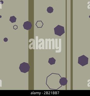 Seamless pattern in minimalistic style with violet hexagons on beige striped background Stock Vector