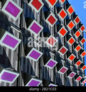 Inverted modern building structure facade creating a colourful imaginary architecture abstract pattern background of receding rectangles London UK Stock Photo