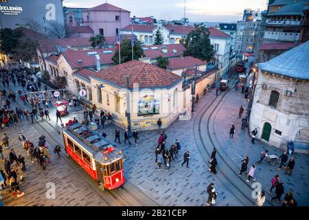 Istiklal street view of French Cultural Center and French Consulate General buildings located near Taksim square in Istanbul, Turkey. Stock Photo