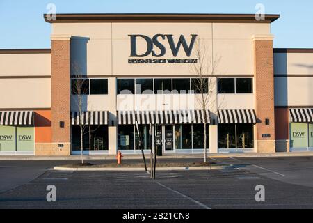 A logo sign outside of a Designer Shoe Warehouse (DSW) retail store location in Owings Mills, Maryland on February 21, 2020. Stock Photo