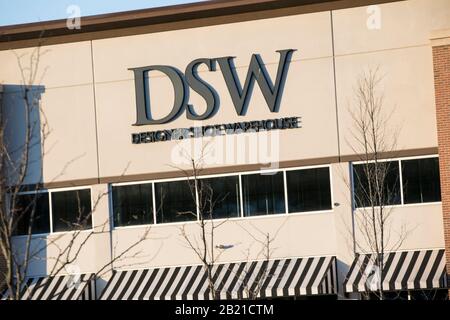 A logo sign outside of a Designer Shoe Warehouse (DSW) retail store location in Owings Mills, Maryland on February 21, 2020. Stock Photo