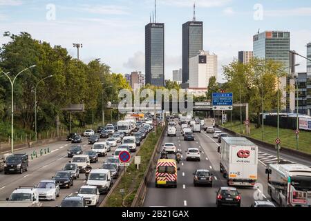 Paris, France - 30th September, 2019:  Slow traffic on the Boulevard Peripherique going in to Paris during morning rush hour Stock Photo