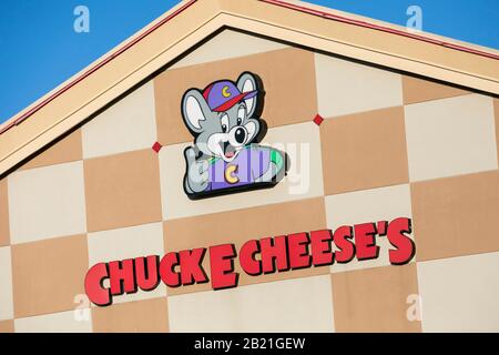 A logo sign outside of a Chuck E. Cheese restaurant location in Waldorf, Maryland, on February 27, 2020. Stock Photo