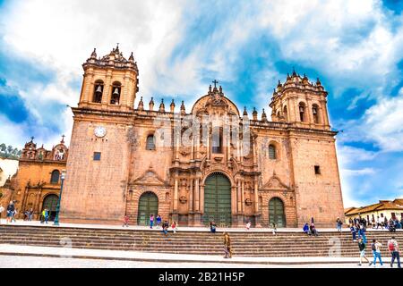 Exterior of Cusco Cathedral on Plaza de Armas, Cusco, Sacred Valley, Peru Stock Photo