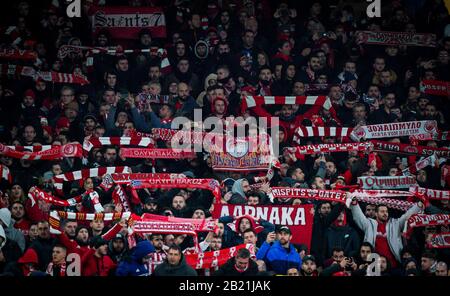 London, UK. 27th Feb, 2020. Olympiacos Supporters during the UEFA Europa League 2nd leg match between Arsenal and Olympiacos at the Emirates Stadium, London, England on 27 February 2020. Photo by Andy Rowland. Credit: PRiME Media Images/Alamy Live News